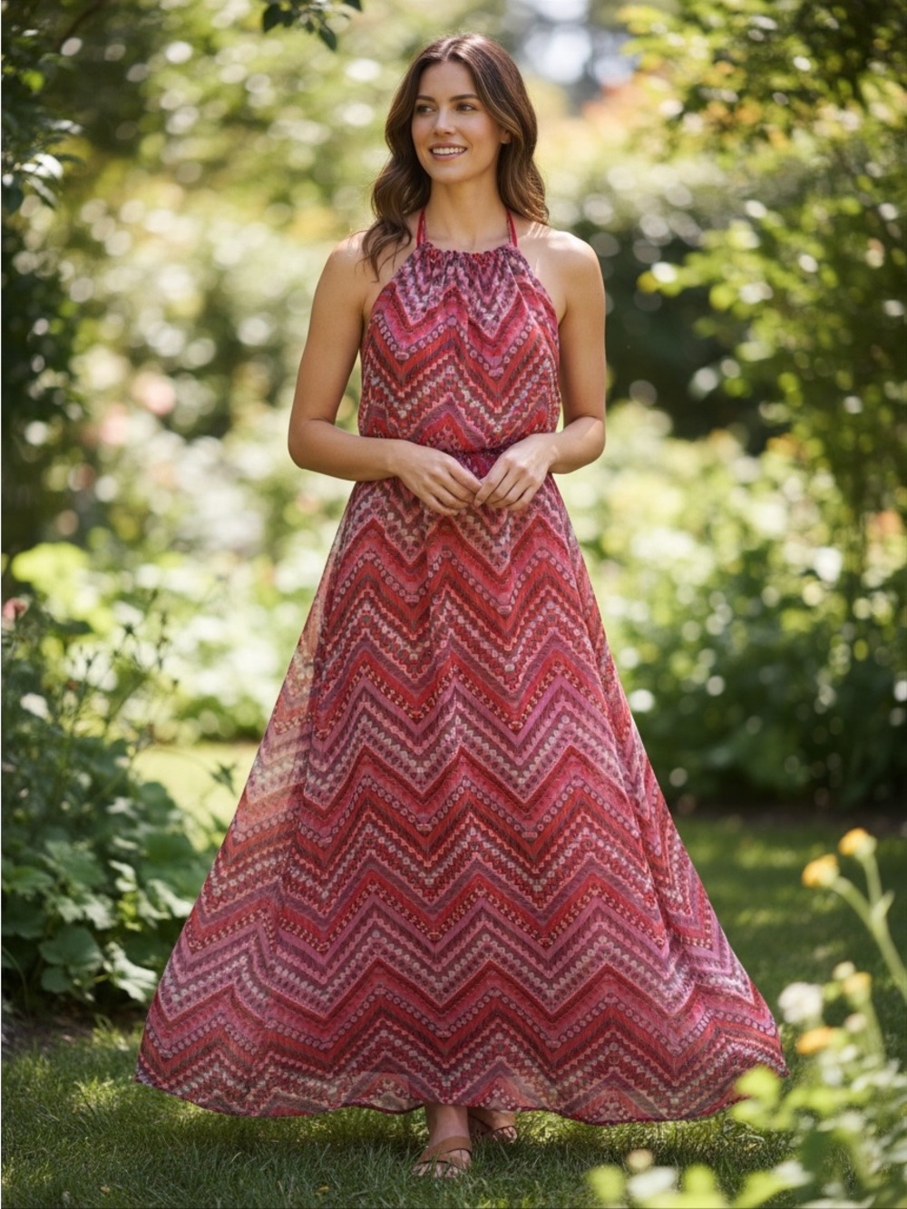 Emma & Michele Chevron Halter Maxi Dress